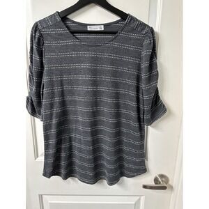 Women's Top Size L Gray And White Stripe Office Casual Short Sleeve